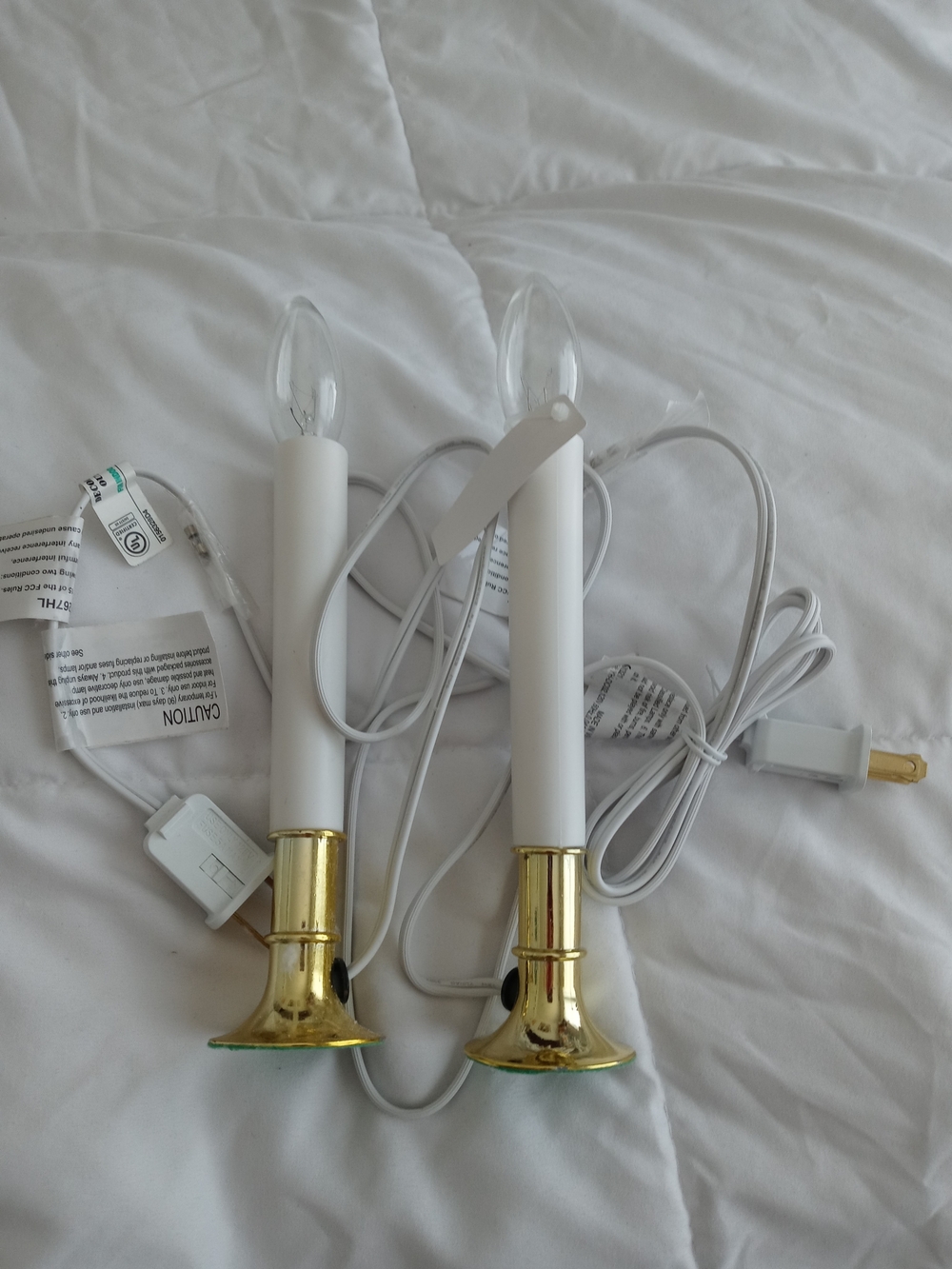 Pair of White Electric Taper Candle Lights with Gold Bases